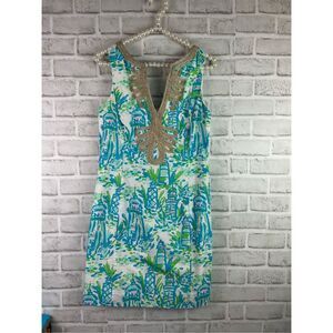 Lilly Pulitzer Janice Shift Dress High Beam Lighthouses Gold Metallic Trim Size